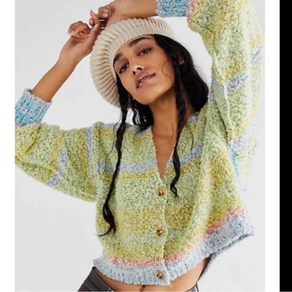Free People Pastel Bouclé Stripe Cropped Cardigan - Green, Blue, Pink, Cream